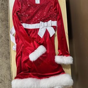 Kids Red Holiday Velvet Dress Costume with White Fur Trim